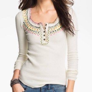 We The Free Cream Button Henley with Embroidery